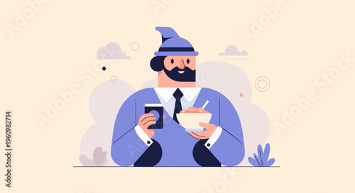 A cartoon man with a blue hat and beard eats cereal from a bowl