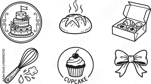 Baking and pastry icons: cake, bread, croissants, cupcake, whisk, bow - black and white line art for food and bakery