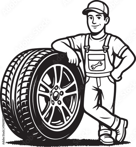 Mechanic man leaning on tire with overalls and cap, black and white illustration for auto service and repair