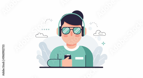 Person with headphones and glasses holding a phone, surrounded by abstract elements
