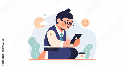 Person with glasses using phone, seated with coffee, near plants and sun