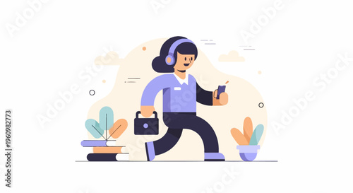 A cheerful person in headphones walks with a briefcase and phone