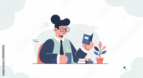 A person wearing glasses and a tie reads a book with a plant nearby