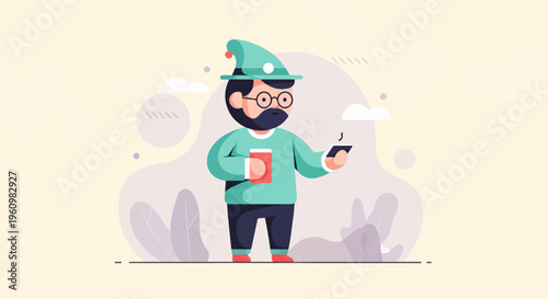 A cartoon man with a beard and a hat holds a phone and a cup