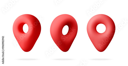 3D Three red location pin icons isolated on white. 3d map marker symbols with rounded shape. Digital navigation, GPS tracking and internet geolocation concept for design interface. Vector illustration