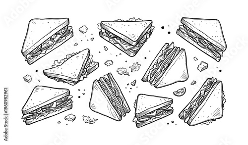 Hand-drawn sandwich pattern with various fillings and garnishes