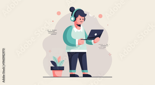 Person with headphones working on a laptop, a potted plant nearby