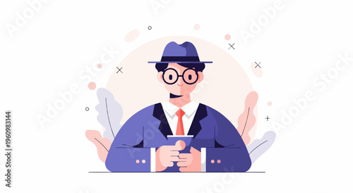 A stylized person in a blue suit, hat, and glasses holds a cup
