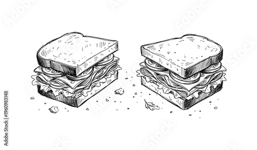 Detailed hand-drawn sketch of double-layered sandwich with lettuce and cheese