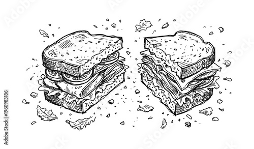 Hand-drawn sketch of deli sandwich with lettuce and tomato