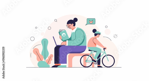 A person reads on a laptop while another cycles past