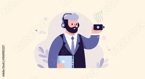 Businessman with headphones holds laptop and coffee mug, smiling softly