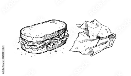 Hand-drawn sandwich and crumpled paper sketch