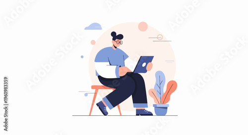 A person sitting on a stool works on a laptop with plants nearby