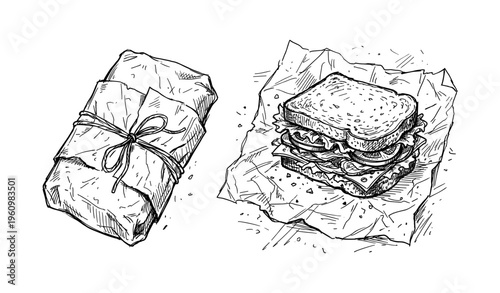 Hand-drawn sandwich and wrapped package on paper