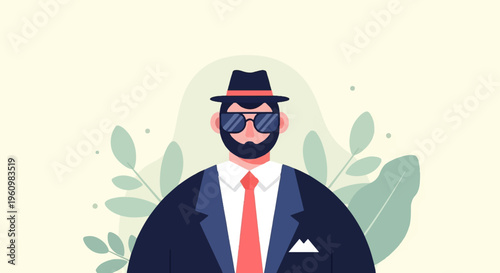 Stylish man in suit and hat with sunglasses, surrounded by foliage