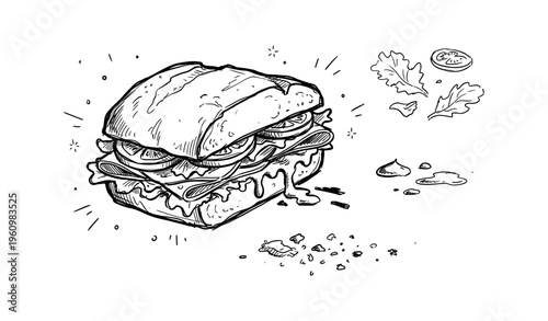 Hand-drawn sketch of delicious sandwich with lettuce, tomato, onions, and cheese, with crumbs