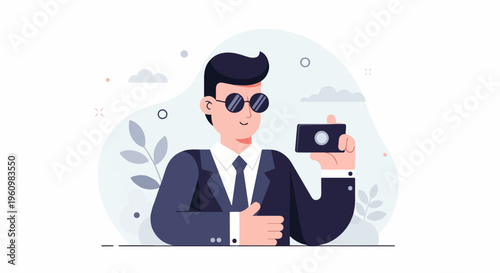 Stylish person in a suit and sunglasses takes a photo with a phone