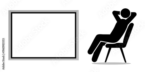 Abstract Minimalist Stick Figure Silhouette Relaxing on Chair in Front of a Large Blank Screen or Presentation Board for Business Planning and Creative Concept Backgrounds