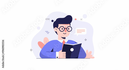 Cartoon man with glasses and suit reading an open book