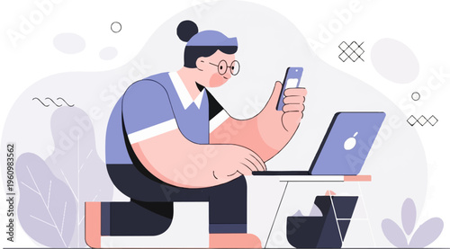 A stylized person with glasses works on a laptop and phone