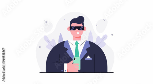 Stylized businessman in suit wearing sunglasses, holding phone