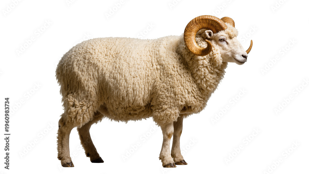 Fototapeta premium Isolated powerful domestic horned ram standing majestically in profile with thick wool coat