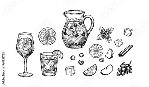 Hand-drawn fruit sangria with glasses, ice, and fresh ingredients