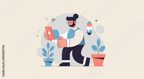 Animated person with laptop and plants on a light background