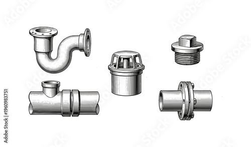 Industrial plumbing components sketch with various pipe fittings and connectors