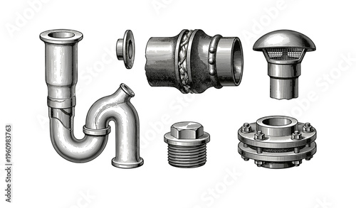 Various types of plumbing components including pipes and flanges