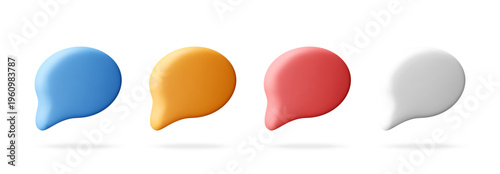 Set of colorful 3d speech bubble icons. Glossy chat cloud shapes for communication, social media notification and user interface design. Minimalist modern graphic, render element. Vector illustration