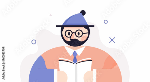 Animated scholarly man in a hat with glasses, reading a book