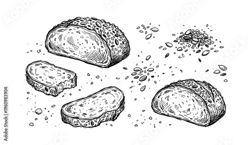 Hand-drawn black and white bread sketch with sliced loaf and seeds
