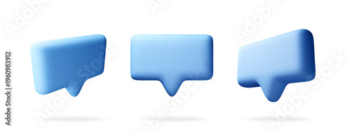 Set of blue speech bubble icons in 3d style. Social media notification elements for digital communication. Glossy message signs for web interface design and cloud technology. Vector illustration