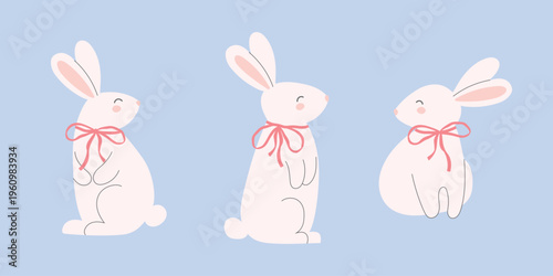 Set of cute rabbits with bows. Template for baby design, Easter card, Mother's day or Valentine's day. Isolated vector illustration 