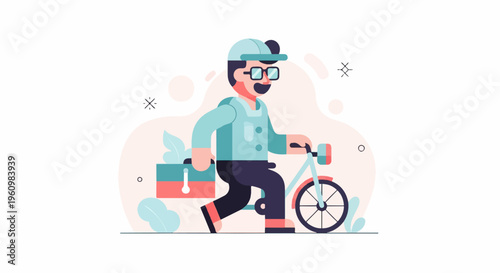 A man in a cap and glasses rides a bicycle with a toolbox