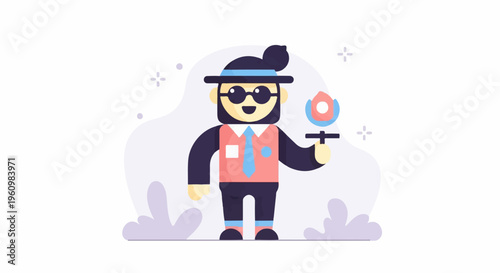 Cheerful character in hat and tie, holding a colorful abstract torch