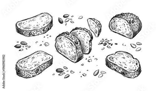 Hand-drawn bread sketches with seeds slices and crumbs in black and white