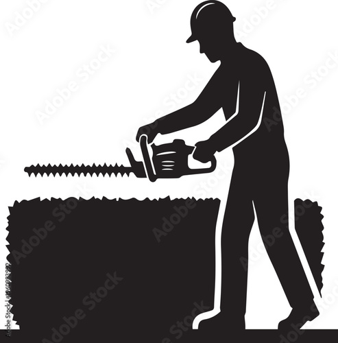 Professional Landscaper Trimming Garden Hedge Silhouette