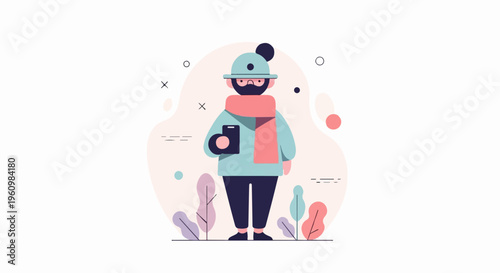 Animated person in winter attire holding a mobile device with playful abstract shapes