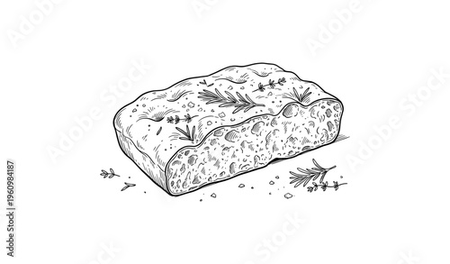 Hand-drawn focaccia bread with rosemary and herb garnish