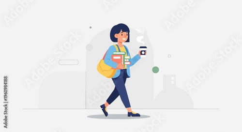 Animated woman carrying books and coffee while walking outside