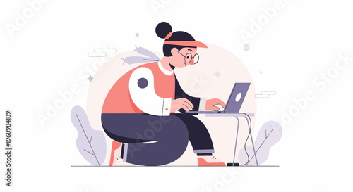 Cartoon person focused on laptop, wearing glasses and athletic headband
