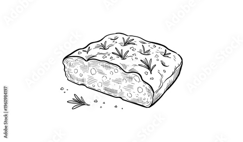 Hand-drawn illustration of italian focaccia bread with rosemary sprigs