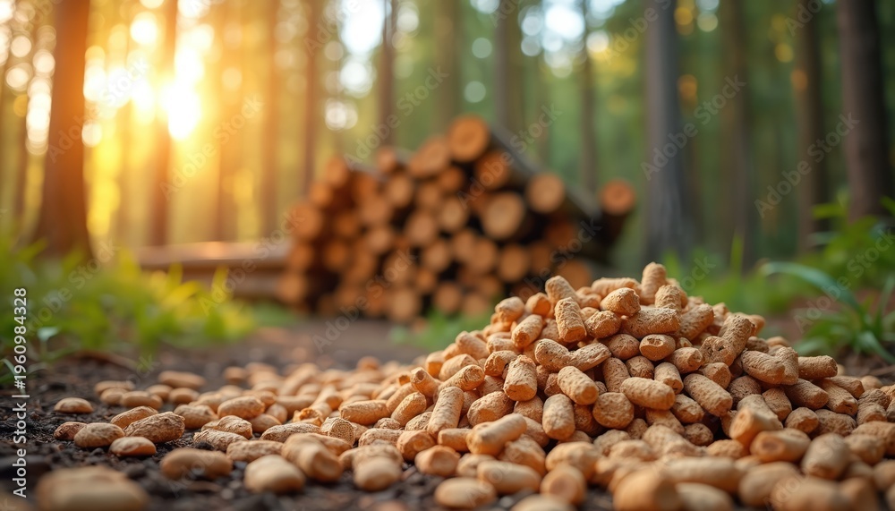 Obraz premium Pile of wood pellets sits on forest floor near stacked logs. Sun shines through trees creating bokeh effect. Clean energy source in natural woodland setting, representing eco friendly fuel.