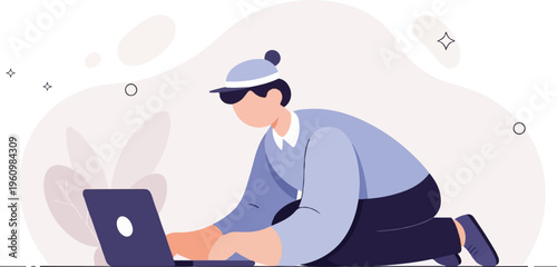 Cartoon character with a cap and sunglasses using a laptop on the floor