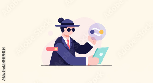 Character in suit and hat holding abstract object and tablet