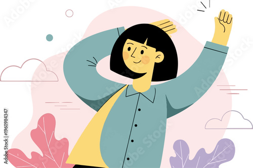 Cheerful person raising fist in victory against abstract background