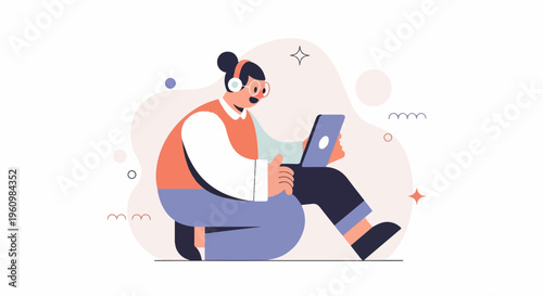 Character with headphones and glasses uses a laptop while sitting